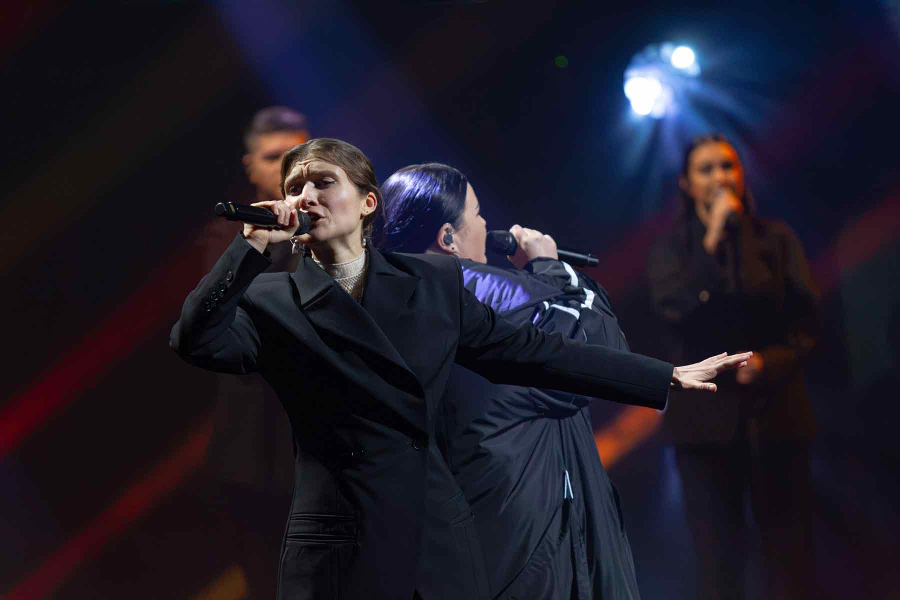 Singers Jerry Heil (L) and Alyona Alyona perform their song, Teresa & Maria, during the final of the Vidbir 2024, the national selection stage for the Eurovision Song Contest 2024, Kyiv
