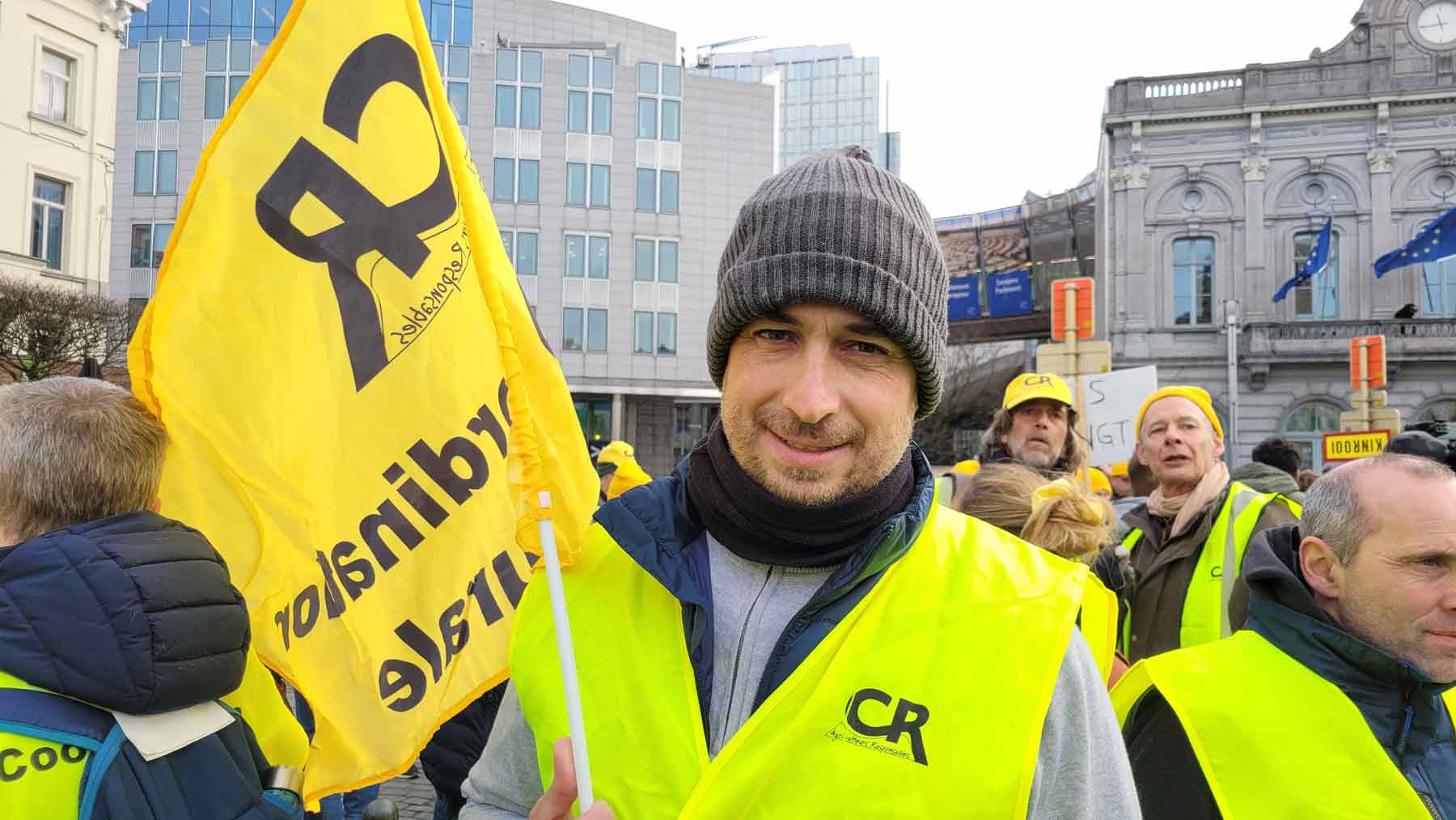 Olivier Senechel traveled to Brussels as part of the French farmers union Coordination Rurale. He opposes increased imports of agricultural products, as well as a French gasoline tax. 