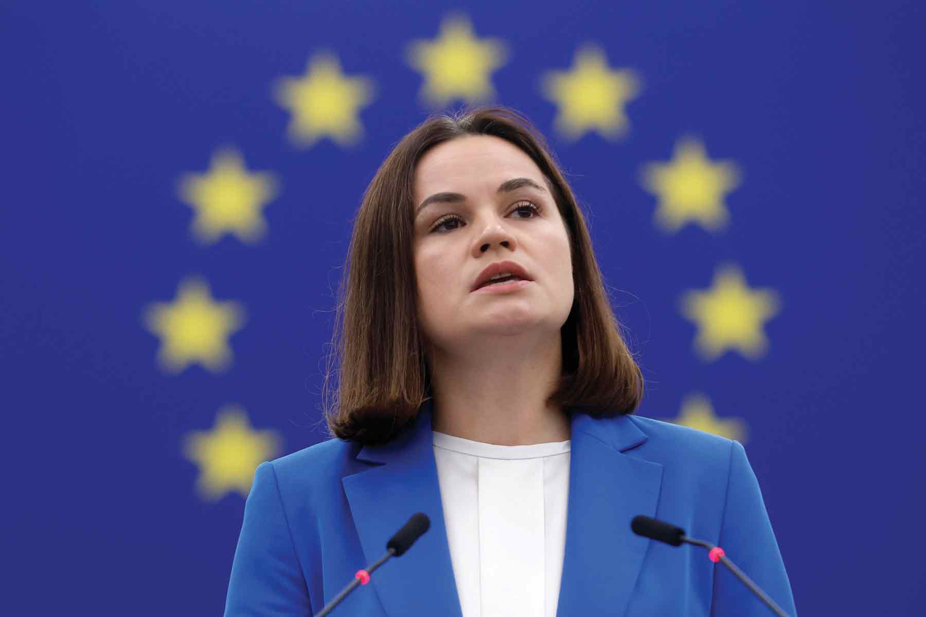 Exiled Belarusian opposition leader Sviatlana Tsikhanouskaya delivers a speech at the European Parliament on Sept. 13, 2023 in Strasbourg, France