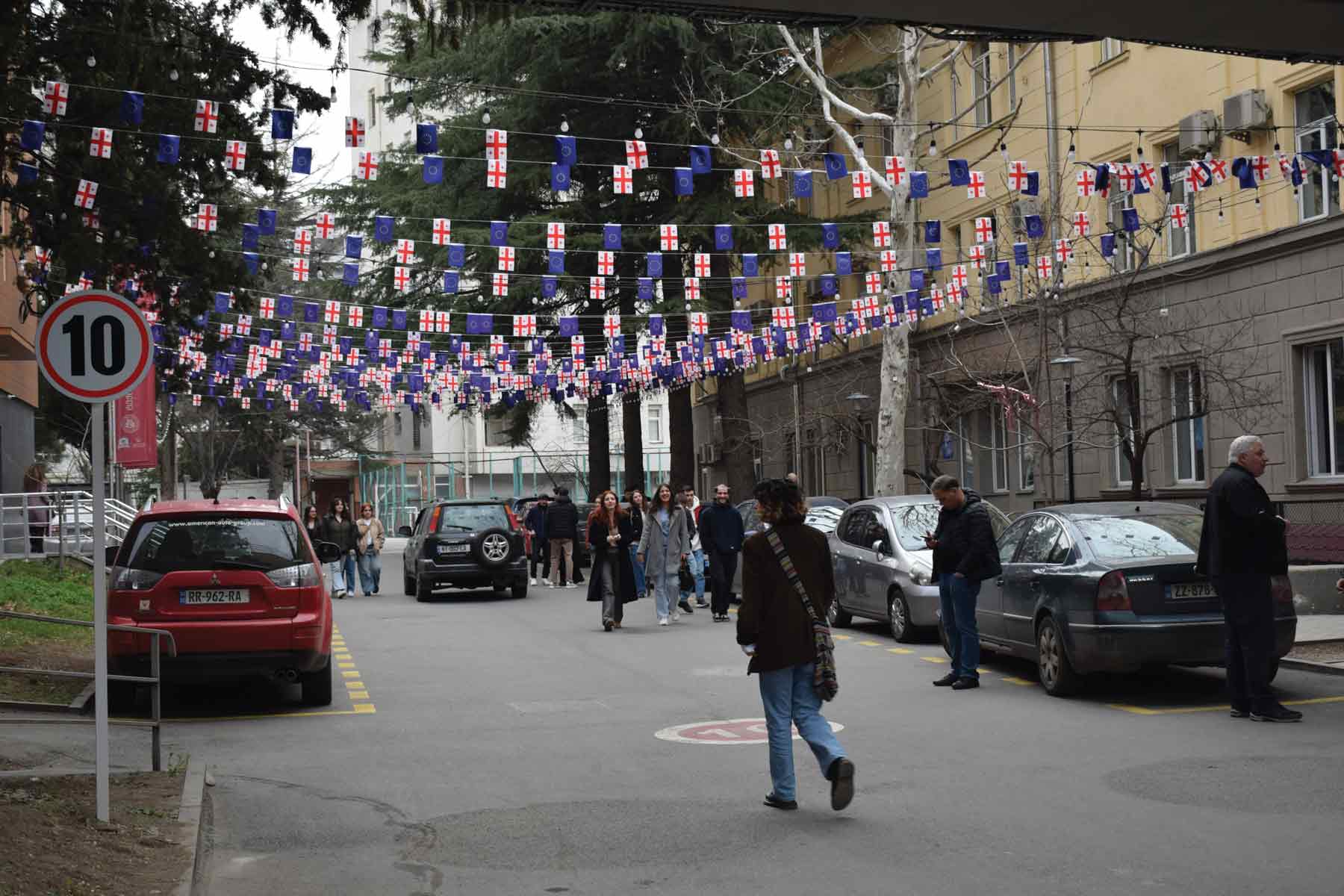 Street decorations at  Ilia State University  in Tbilisi celebrate  Georgia’s accession to EU candidate state status